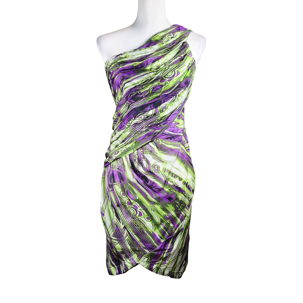 Aryn K Silk One Shoulder Dress Womens S Purple Green Cocktail Party Wedding NEW‎